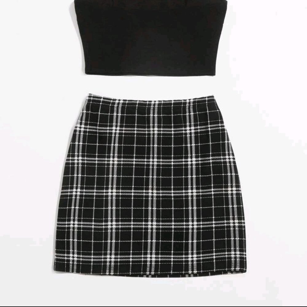SHEIN Unity Solid Cami Top & Split Hem Plaid Skirt Set
